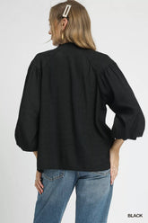 Umgee Textured V-Neck Blouse with Balloon Sleeves OutfitFlow